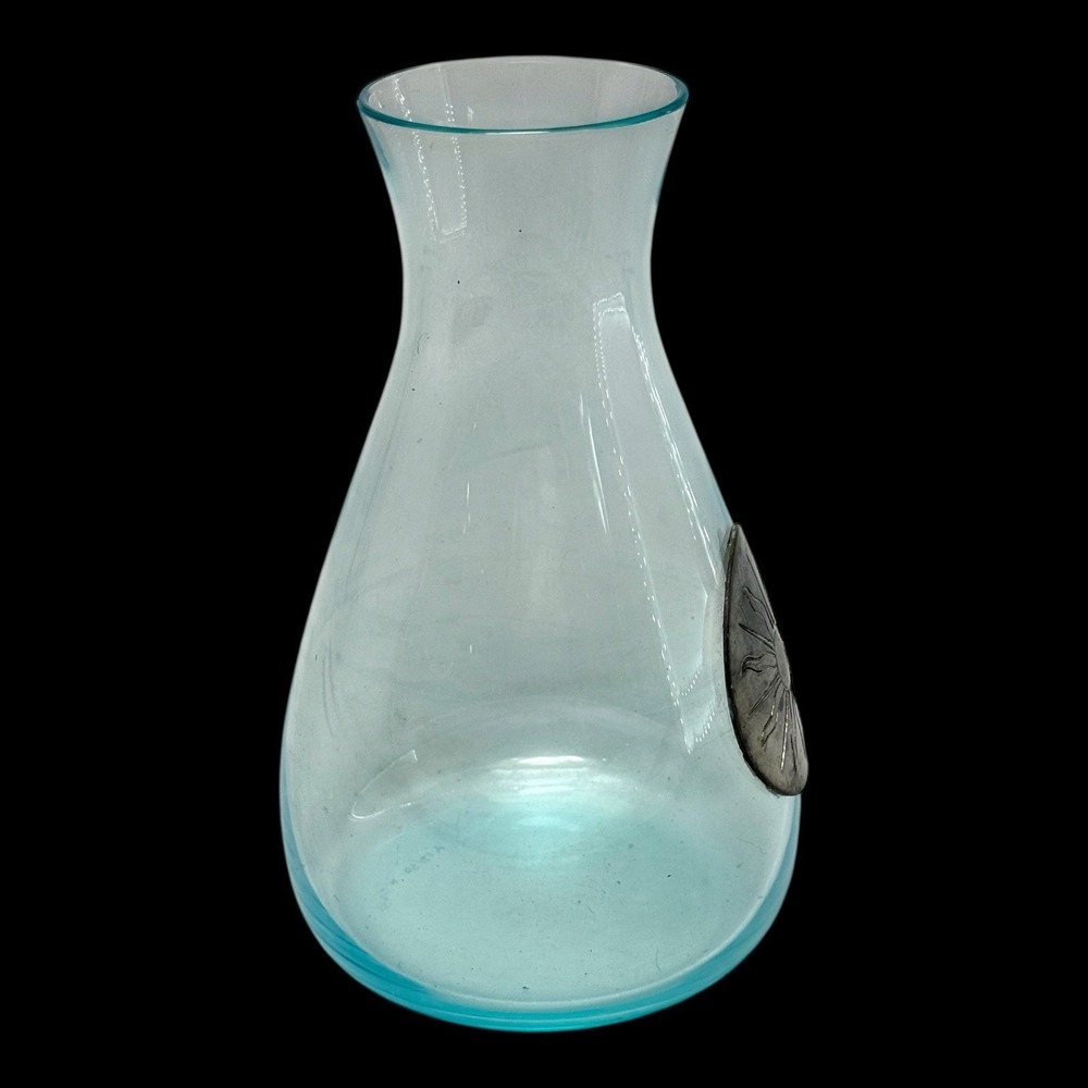 Artisan Handblown Aqua Glass Vase w/ Pewter Sunburst Medallion Signed "A 14/30" - Picture 6 of 10